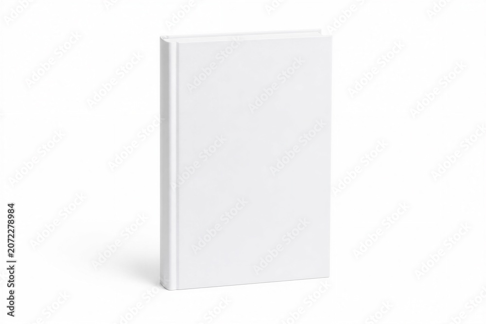 Fototapeta premium Blank hardcover book standing on white surface studio background