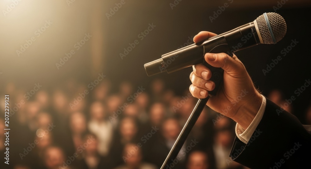 Fototapeta premium Hand holding microphone on stage addressing blurred audience, conveying message with warm lighting and soft focus