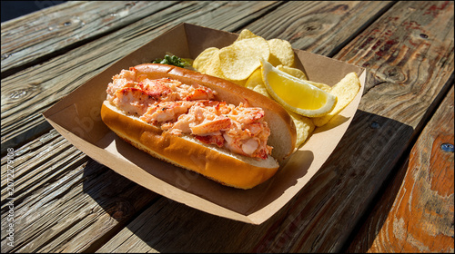 Authentic New England Lobster Roll with Fresh Lobster Meat and Lemon