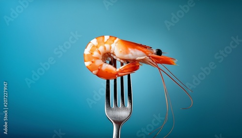 shrimp delicately placed on a fork showcasing its vibrant orange and white texture against a clean background