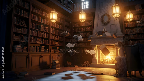 Cozy library with books flying around a crackling fireplace in a warm dimly lit room with bookshelves and lanterns