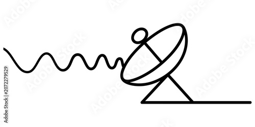 Simple line art icon of a satellite dish antenna sending a radio wave signal for communication technology and space broadcasting concepts in black ink Vector, illustration