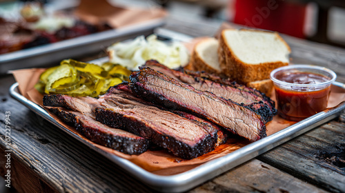 Texas Barbecue Beef Brisket Platter with Pickles Bread and Sauce