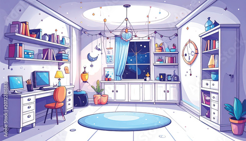A childs bedroom with a desk.