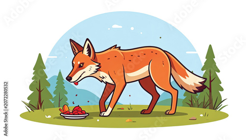 A cartoon fox eating from bowl.
