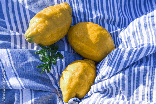 Three yellow lemons on blue and white striped beach towel