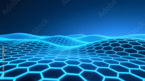 Glowing blue honeycomb grid in digital space