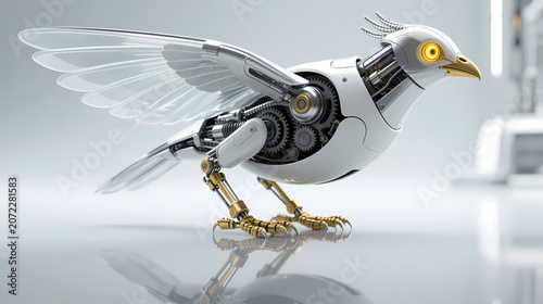 White mechanical bird in futuristic lab