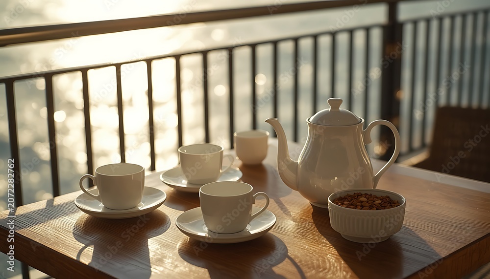 Obraz premium Tea cups and teapot on a wooden table by a sunny balcony overlooking water