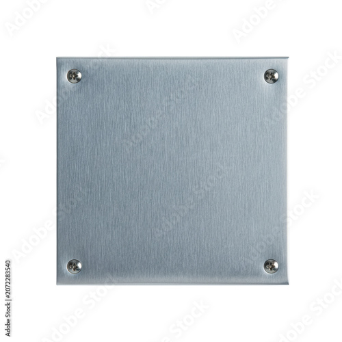 Brushed metal rectangular plaque with rounded corners and four flush screws on a transparent background with soft rim lighting. Concept of industrial design