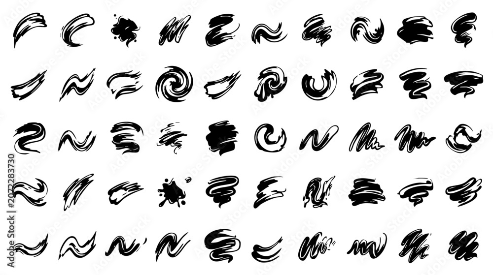 Fototapeta premium Versatile collection of expressive black ink brush strokes, ideal for graphic design, abstract art, and creative embellishments, adding a handcrafted touch to digital projects