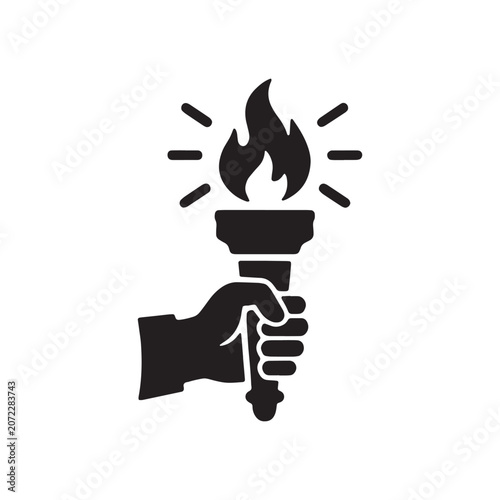 фотографія Icon of a human hand holding a burning flaming torch with illustration silhouett