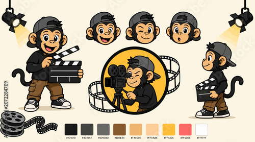Photography Cartoon Monkey Filmmaker with Movie Camera and Reels.