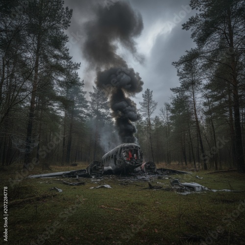 Crashed helicopter emitting thick black smoke in a dense forest setting under overcast skies