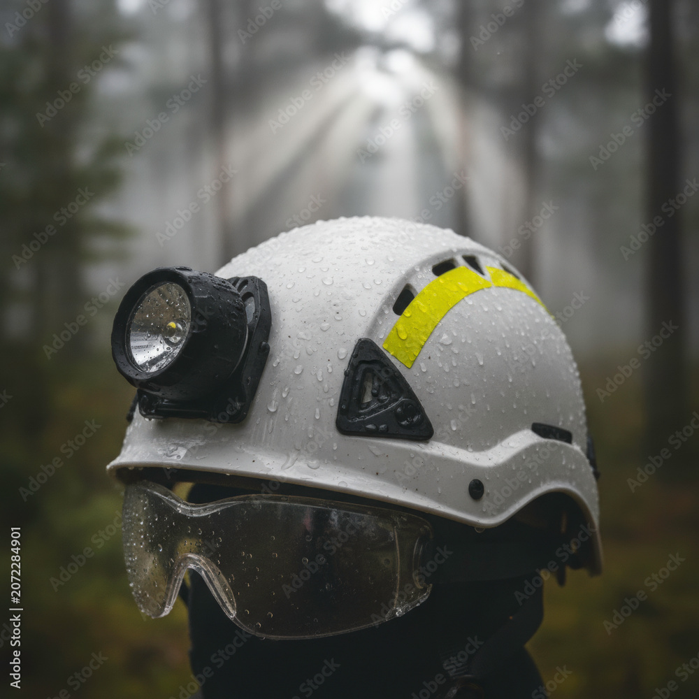 Fototapeta premium Close-up of a safety helmet with a headlamp and protective goggles in a misty forest with sunlight rays