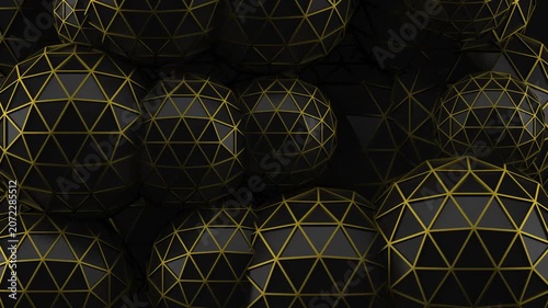  Esferas oscuras Líneas doradas Escalado giratorio Bucle 3D abstracto. Esferas oscuras animadas con líneas doradas que giran y cambian de tamaño. Render 3D abstracto de lujo, bucle de movimiento.