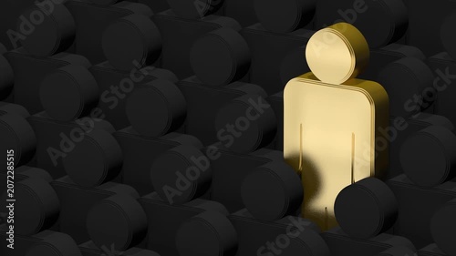  Figura humana dorada que se destaca entre la multitud oscura Concepto 3D. Figura humana dorada que se destaca entre la multitud oscura de figuras. Liderazgo, singularidad, éxito concepto de negocio 