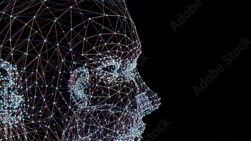  Formación de red de estructura alámbrica de cabeza humana cyborg en bucle 3D oscuro. Formación de cabeza humana cyborg de estructura alámbrica animada a partir de una red digital en negro.