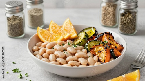 Low sodium weeknight dinner with beans, roasted vegetables and fresh herbs