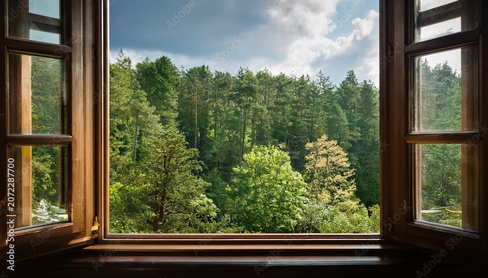 Fototapeta premium Serene Forest View Through Expansive Window