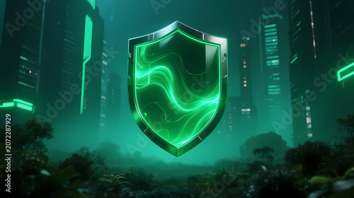 Glowing green shield in cyberpunk city