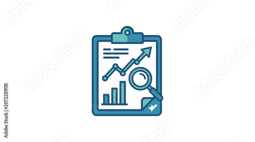 Business Data Analysis Report on Clipboard with Growth Chart and Magnifying Glass