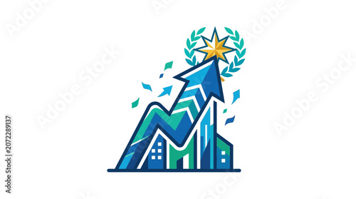 Business growth arrow rising above cityscape with success star and laurel award