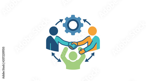 Business partnership and team collaboration concept with gear and handshake icon