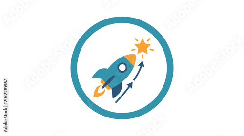 Business startup success concept with rocket launching and aiming for the star in circle frame