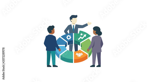 Business Team Analyzing Circular Infographic Data for Corporate Growth and Strategy