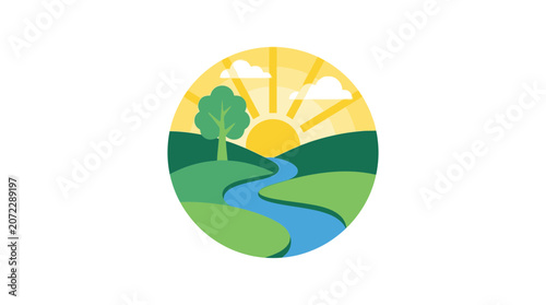 Circular Nature Landscape Illustration with Winding River and Rising Sun