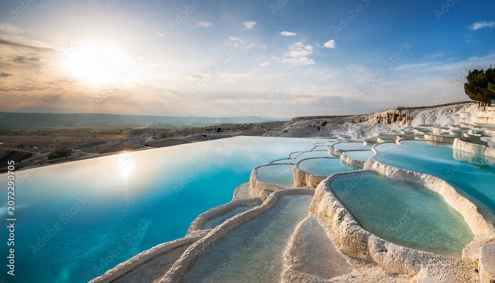 Fototapeta premium Unique Travertine Stone Terraces Accompanied By Serene Water Pools Under Gentle Lighting