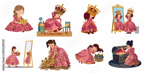 Fotografía Cute little girls playing dress-up as princesses with gowns and crowns illustrat