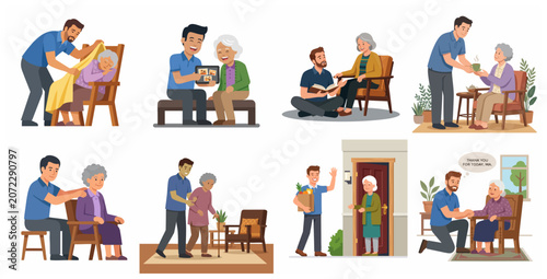 Set of elderly care scenes with a young man helping an older woman. Concept of home nursing, volunteering, and social assistance for seniors in flat style.