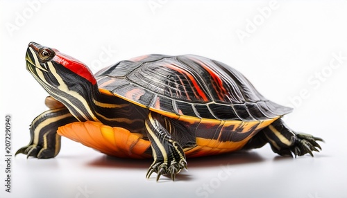 red eared slider turtle with bright red stripes on shell isolated on white background studio shot