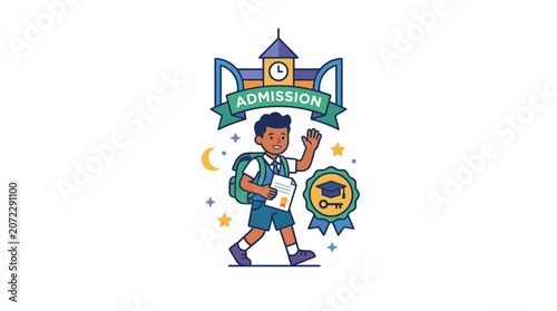 Happy Student Character with Backpack and Diploma for School Admission Vector Illustration