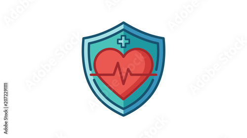 Health insurance and medical protection icon featuring heart with heartbeat pulse on shield