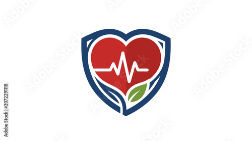 Heart Health Care Pulse Monitor Logo with Shield and Nature Leaf Icon
