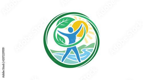 Healthy Lifestyle Concept Logo with Human Figure Surrounded by Nature Elements and Sun