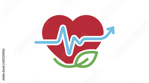 Heart health concept with pulse line arrow and green leaf representing wellness and recovery
