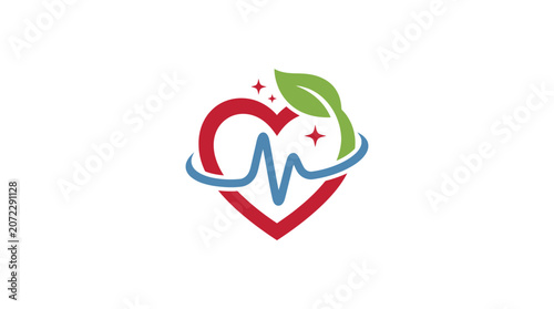 Heart Health Logo with EKG Pulse Line and Green Organic Leaf