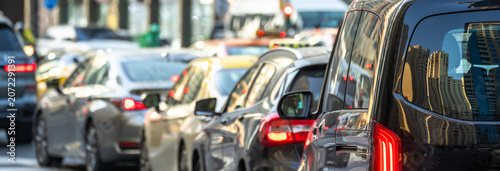 Photos Heavy urban traffic congestion during weekday rush hours, with long queues of vehicles, illustrating commuting delays, city infrastructure pressure, and daily transportation challenges