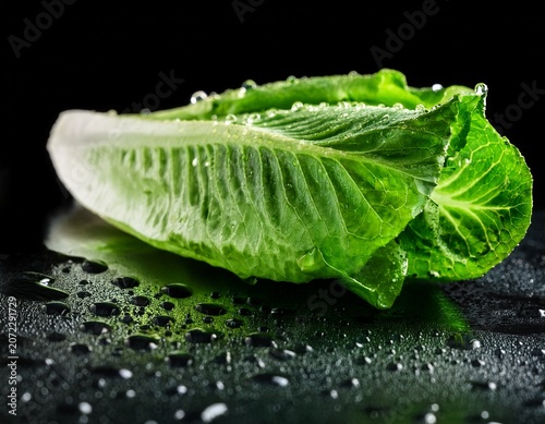 close up of a wet green romaine lettuce leaf with water droplets on black background