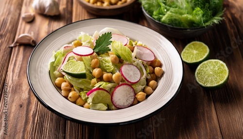 fresh chickpea and cabbage salad with radish and lime on wooden table background