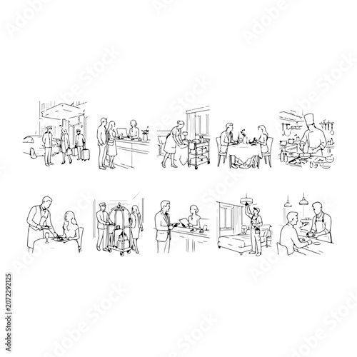 Hotel hospitality scenes and service line art set