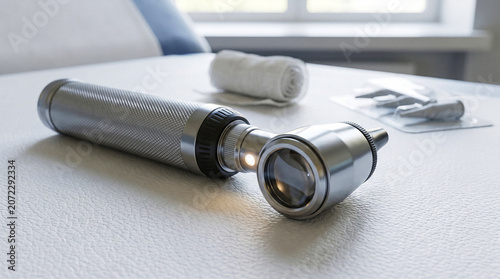Schilderij op canvas Medical Otoscope Instrument for Ear Examination on White Surface