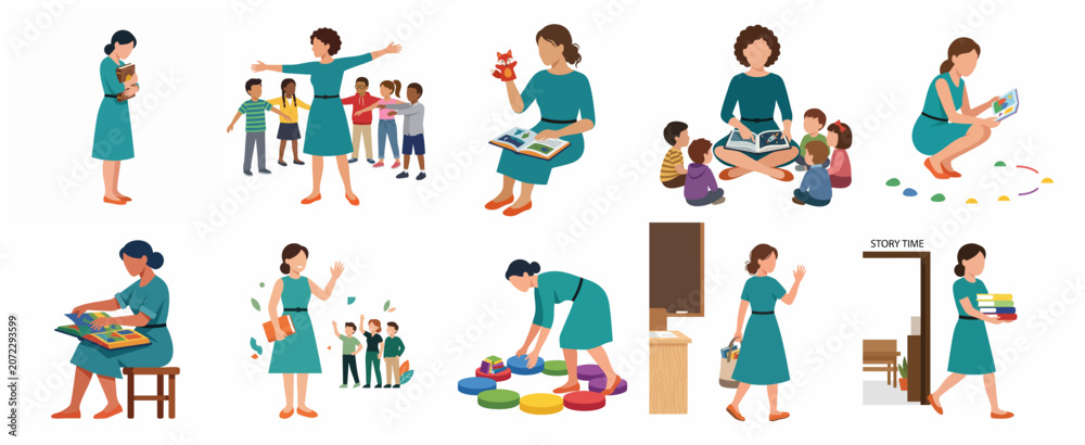 Fototapeta premium Flat vector illustration of a teacher and kindergarten children engaged in various classroom activities like reading, storytelling, and group learning.