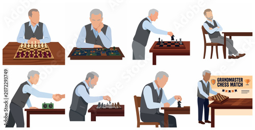 Photography Set of vector illustrations featuring an elderly man playing chess and strategy board games, depicting a grandmaster in various poses of competition, thinking, and sportsmanship