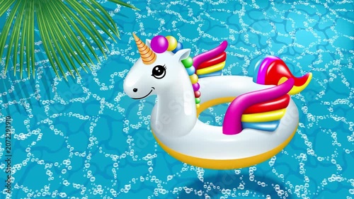 Multicolored inflatable ring - a children's toy for swimming in the shape of unicorns in a transparent blue pool
