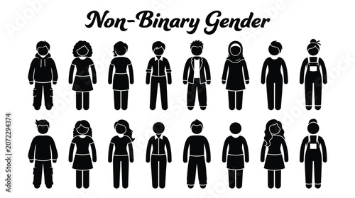 Detailed black vector illustration showing diverse people icons representing non binary gender identity and expression